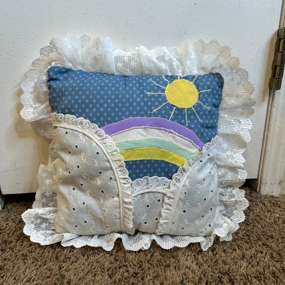 Vintage Handmade Rainbow Sun Lace Ruffle Decorative Pillow Cottagecore Blue